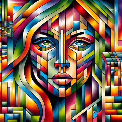 The primary subject of the image is a woman's face, which is the main focus of the image. The setting is a colorful and abstract background, which adds a vibrant and artistic touch to the scene. The visual style of the image is a combination of digital art and illustration, creating a unique and eye-catching representation of the woman's face. The colors and mood of the image are predominantly bright and lively, with a sense of creativity and artistic expression.
